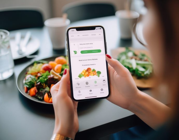 Person using smartphone app to track calories and macronutrients, managing diet and maintaining healthy lifestyle, generative ai